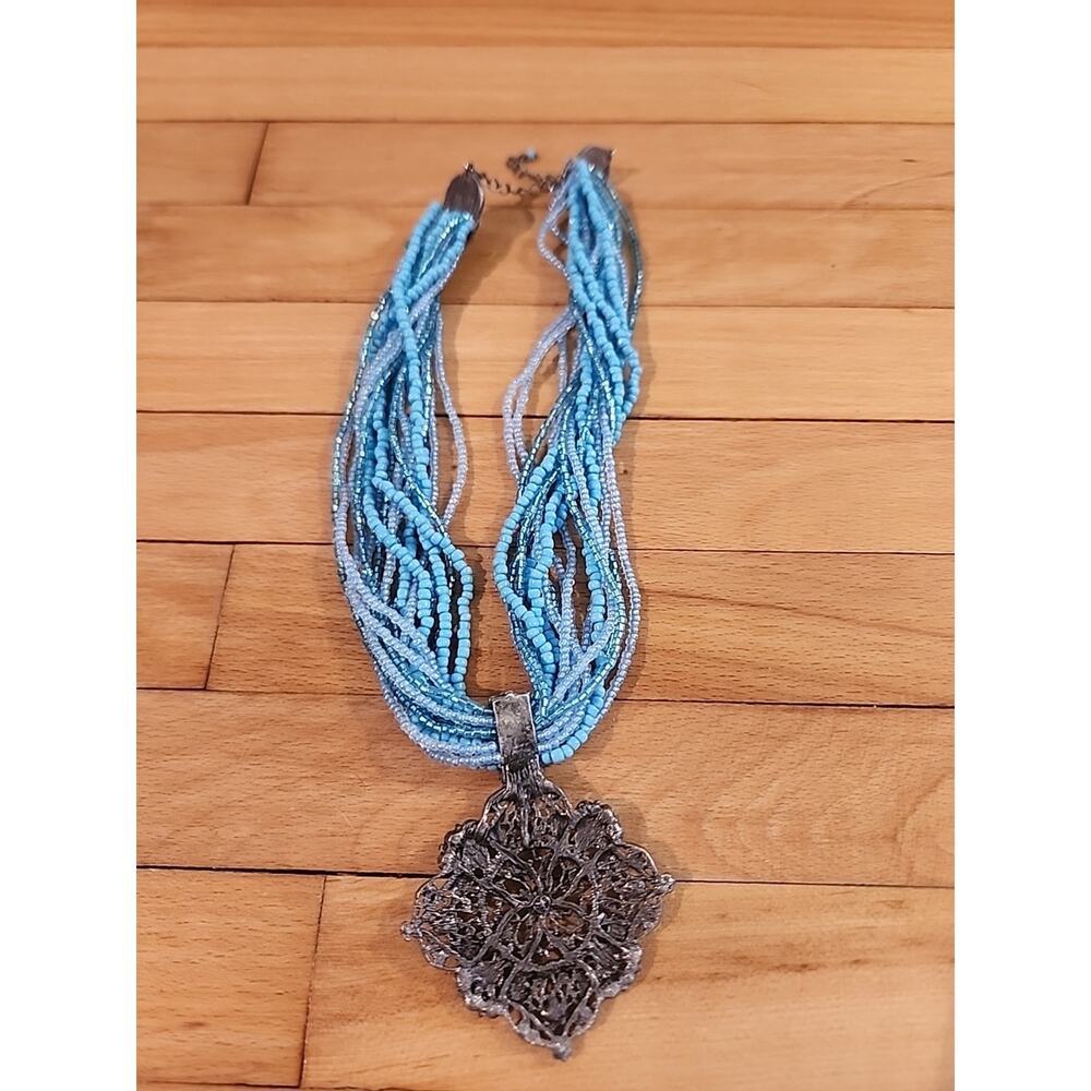 Vintage Collar Necklace Turquoise Bead Choker Y2K Teal Large Rhinestone Pendant - Picture 5 of 5